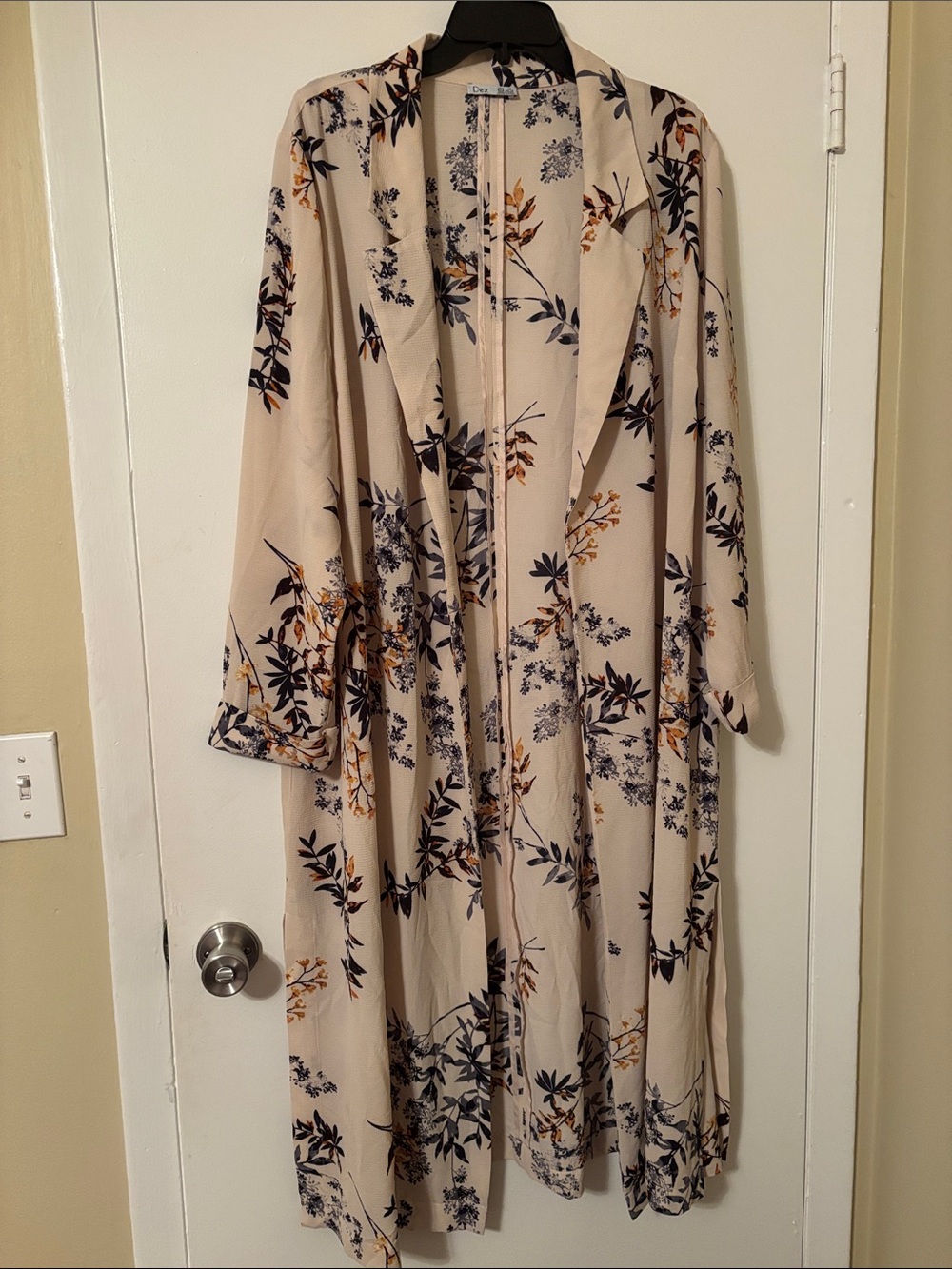 Dex Beige Floral Open Front Duster with Navy & Mustard Accents